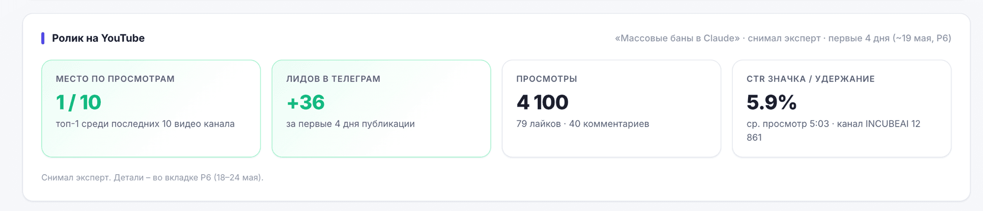 Ролик на YouTube: топ-1 по просмотрам, +36 лидов